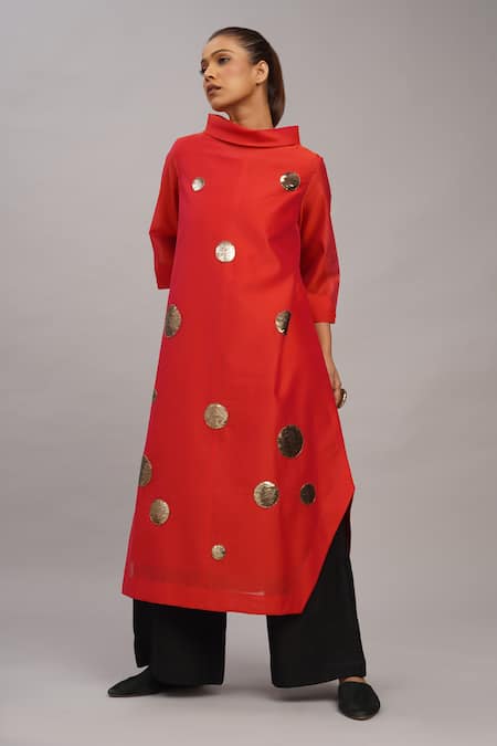 Taika by Poonam Bhagat Red Chanderi Gold Sequin Tunic Set 