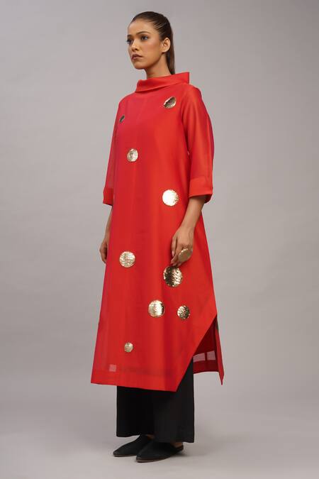 Taika By Poonam Bhagat_Red Chanderi, Cotton, Silk Sequins Mandarin Collar Gold Tunic Set _Online_at_Aza_Fashions
