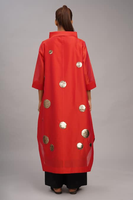 Taika By Poonam Bhagat Red Chanderi Gold Sequin Tunic Set 