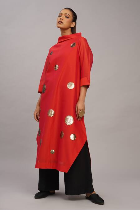 Shop_Taika By Poonam Bhagat_Red Chanderi, Cotton, Silk Sequins Mandarin Collar Gold Tunic Set _Online_at_Aza_Fashions