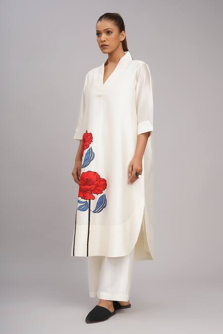 Taika By Poonam Bhagat_Ivory Chanderi, Cotton, Silk Embroidery Split V-neck Twin Poppy Tunic Set _Online_at_Aza_Fashions