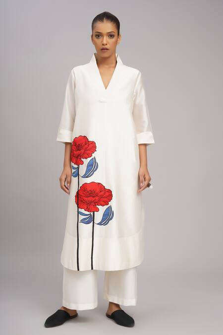 Buy_Taika By Poonam Bhagat_Ivory Chanderi, Cotton, Silk Embroidery Split V-neck Twin Poppy Tunic Set _Online_at_Aza_Fashions
