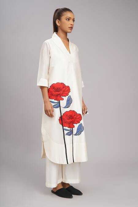Shop_Taika By Poonam Bhagat_Ivory Chanderi, Cotton, Silk Embroidery Split V-neck Twin Poppy Tunic Set _Online_at_Aza_Fashions