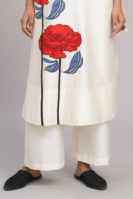 Taika By Poonam Bhagat_Ivory Chanderi, Cotton, Silk Embroidery Split V-neck Twin Poppy Tunic Set _at_Aza_Fashions