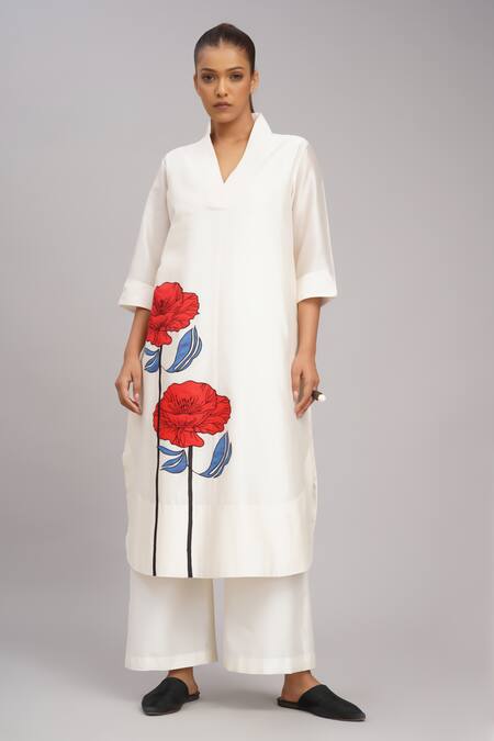 Buy_Taika By Poonam Bhagat_Ivory Chanderi, Cotton, Silk Embroidery Split V-neck Twin Poppy Tunic Set 