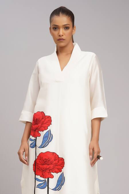 Shop_Taika By Poonam Bhagat_Ivory Chanderi, Cotton, Silk Embroidery Split V-neck Twin Poppy Tunic Set 