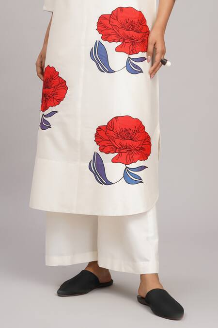Taika By Poonam Bhagat_Ivory Chanderi, Cotton, Silk Embroidery High Neck Poppy Tunic Set _Online_at_Aza_Fashions