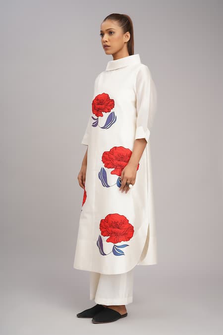 Buy_Taika By Poonam Bhagat_Ivory Chanderi, Cotton, Silk Embroidery High Neck Poppy Tunic Set _Online_at_Aza_Fashions