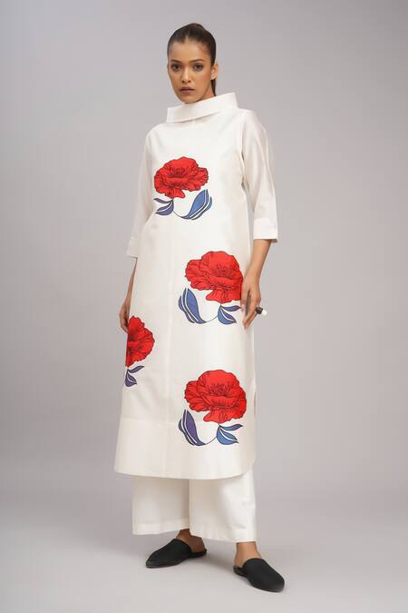 Shop_Taika By Poonam Bhagat_Ivory Chanderi, Cotton, Silk Embroidery High Neck Poppy Tunic Set _Online_at_Aza_Fashions