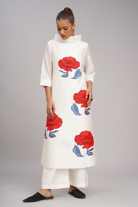 Taika by Poonam Bhagat Ivory Poppy Embroidered Tunic Set 