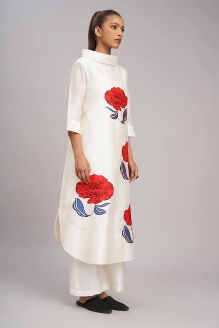 Taika By Poonam Bhagat_Ivory Chanderi, Cotton, Silk Embroidery High Neck Poppy Tunic Set _at_Aza_Fashions
