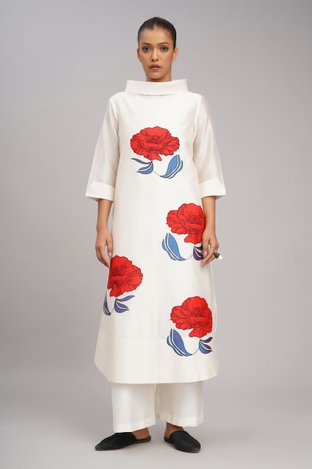 Buy_Taika By Poonam Bhagat_Ivory Chanderi, Cotton, Silk Embroidery High Neck Poppy Tunic Set 