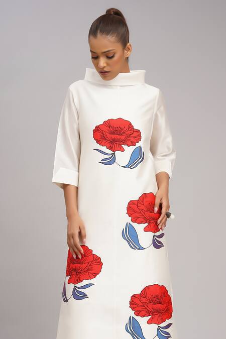 Shop_Taika By Poonam Bhagat_Ivory Chanderi, Cotton, Silk Embroidery High Neck Poppy Tunic Set 