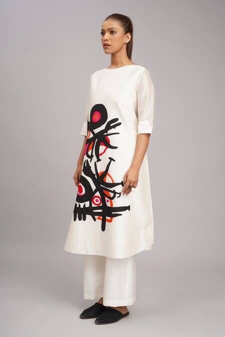 Shop_Taika By Poonam Bhagat_Ivory Chanderi, Cotton, Silk Embroidery Round Neck Twin Poppy Tunic Set _Online_at_Aza_Fashions