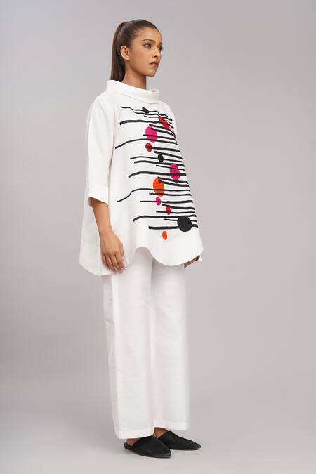 Taika By Poonam Bhagat_Ivory Cotton, Silk Embroidery Mandarin Collar Top With Colorful Dots _Online_at_Aza_Fashions