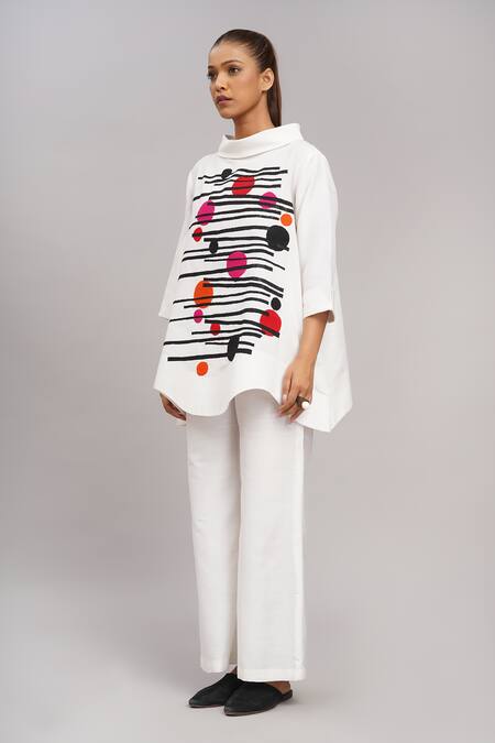 Shop_Taika By Poonam Bhagat_Ivory Cotton, Silk Embroidery Mandarin Collar Top With Colorful Dots _Online_at_Aza_Fashions
