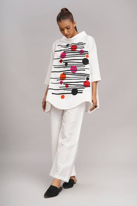 Taika By Poonam Bhagat_Ivory Cotton, Silk Embroidery Mandarin Collar Top With Colorful Dots _at_Aza_Fashions