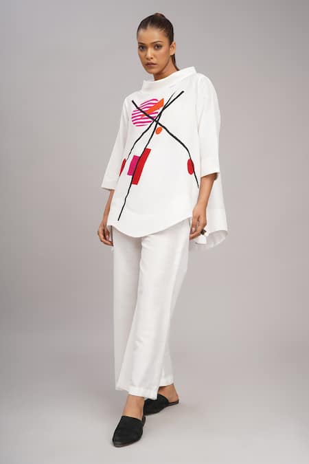 Taika By Poonam Bhagat Ivory Cotton, Silk Embroidery High Neck Top And Pant Set