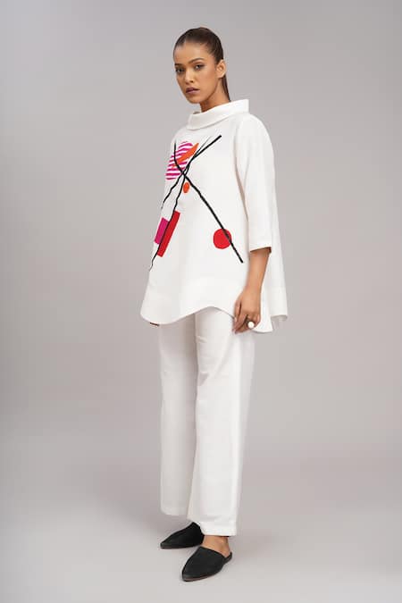 Buy_Taika By Poonam Bhagat_Ivory Cotton, Silk Embroidery High Neck Top And Pant Set _Online_at_Aza_Fashions