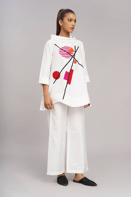 Shop_Taika By Poonam Bhagat_Ivory Cotton, Silk Embroidery High Neck Top And Pant Set _Online_at_Aza_Fashions