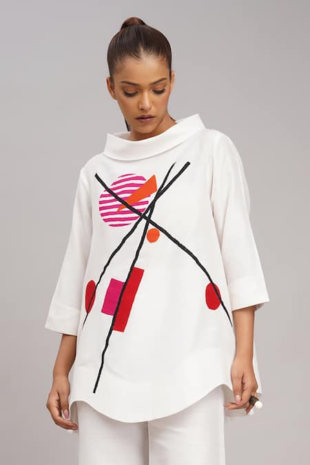 Buy_Taika By Poonam Bhagat_Ivory Cotton, Silk Embroidery High Neck Top And Pant Set 