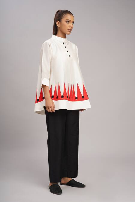 Taika By Poonam Bhagat_Ivory Chanderi Mandarin Collar Pyramid Appliqued Top _Online_at_Aza_Fashions