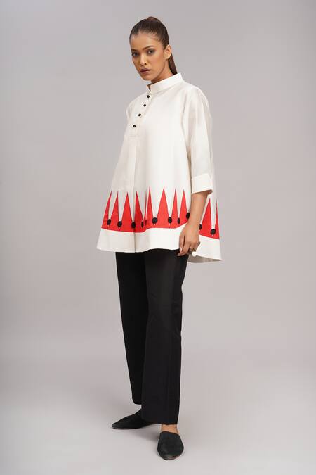 Buy_Taika By Poonam Bhagat_Ivory Chanderi Mandarin Collar Pyramid Appliqued Top _Online_at_Aza_Fashions