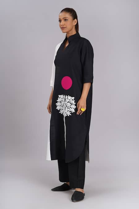 Taika By Poonam Bhagat_Black Cotton, Silk Embroidery Mandarin Collar And White Tunic & Pant Set _Online_at_Aza_Fashions