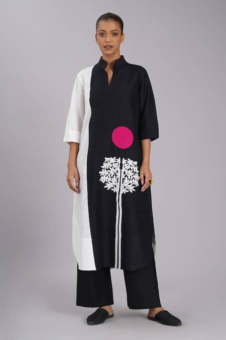 Buy_Taika By Poonam Bhagat_Black Cotton, Silk Embroidery Mandarin Collar And White Tunic & Pant Set _Online_at_Aza_Fashions