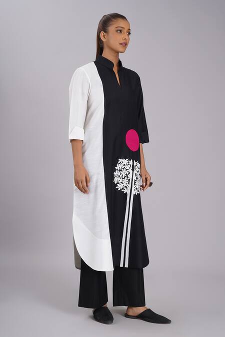 Shop_Taika By Poonam Bhagat_Black Cotton, Silk Embroidery Mandarin Collar And White Tunic & Pant Set _Online_at_Aza_Fashions