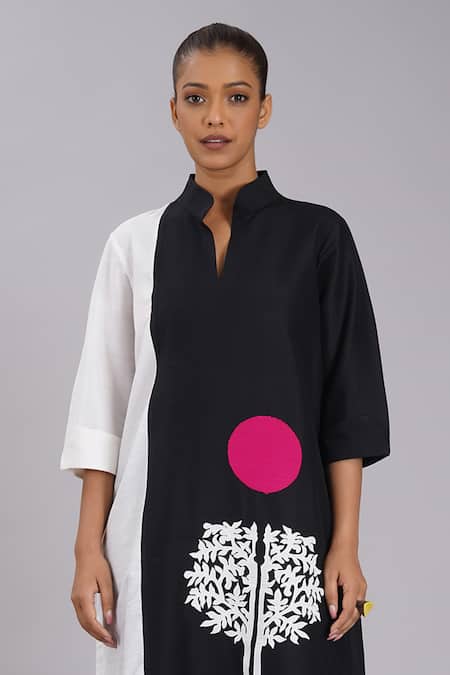 Taika By Poonam Bhagat_Black Cotton, Silk Embroidery Mandarin Collar And White Tunic & Pant Set _at_Aza_Fashions