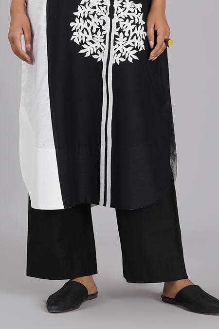 Buy_Taika By Poonam Bhagat_Black Cotton, Silk Embroidery Mandarin Collar And White Tunic & Pant Set 