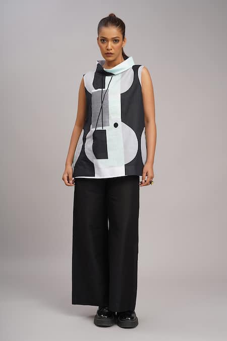 Taika By Poonam Bhagat Black Linen Embroidery Collared Mint Retro Printed Top