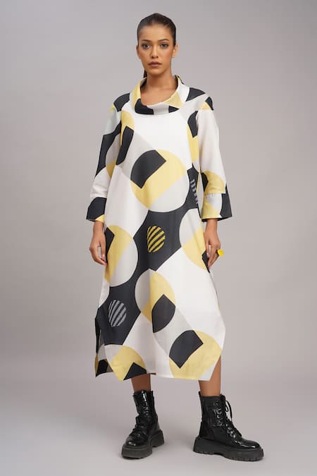 Taika By Poonam Bhagat Black Linen Collared Mango Retro Printed Dress
