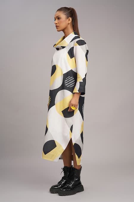 Taika By Poonam Bhagat_Black Silk Embroidery Cowl Neck Mango Retro Printed Dress _Online_at_Aza_Fashions