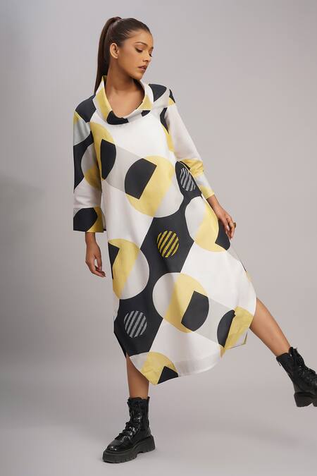 Buy_Taika By Poonam Bhagat_Black Silk Embroidery Cowl Neck Mango Retro Printed Dress _Online_at_Aza_Fashions