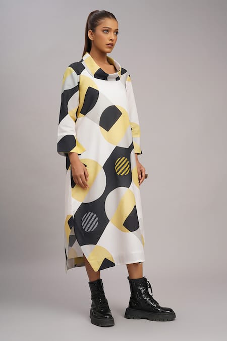 Shop_Taika By Poonam Bhagat_Black Silk Embroidery Cowl Neck Mango Retro Printed Dress _Online_at_Aza_Fashions