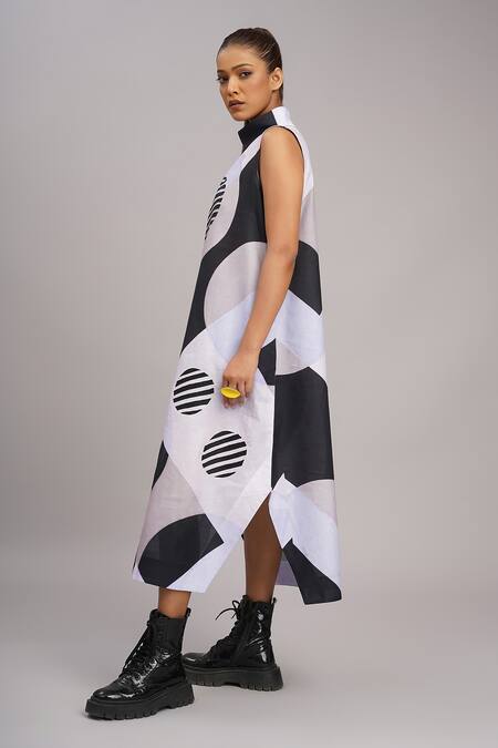 Taika By Poonam Bhagat_Black Silk Embroidery High Neck Lavender Retro Printed Dress _Online_at_Aza_Fashions