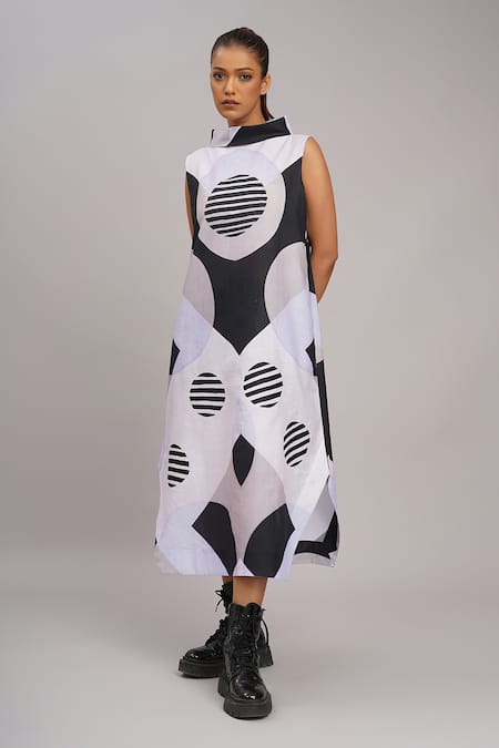 Buy_Taika By Poonam Bhagat_Black Silk Embroidery High Neck Lavender Retro Printed Dress _Online_at_Aza_Fashions