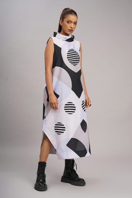 Shop_Taika By Poonam Bhagat_Black Silk Embroidery High Neck Lavender Retro Printed Dress _Online_at_Aza_Fashions