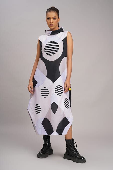 Taika By Poonam Bhagat_Black Silk Embroidery High Neck Lavender Retro Printed Dress _at_Aza_Fashions