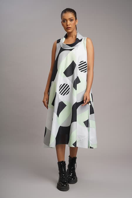 Taika By Poonam Bhagat_Black Silk Embroidery Cowl Neck Mint Retro Print Dress _Online_at_Aza_Fashions