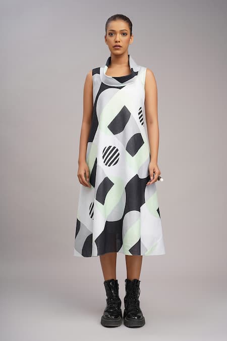 Buy_Taika By Poonam Bhagat_Black Silk Embroidery Cowl Neck Mint Retro Print Dress _Online_at_Aza_Fashions