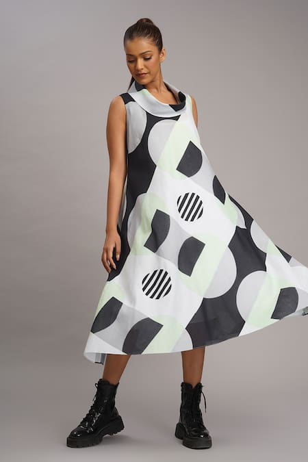 Taika By Poonam Bhagat Black Linen Cowl Neck Mint Retro Printed Dress 