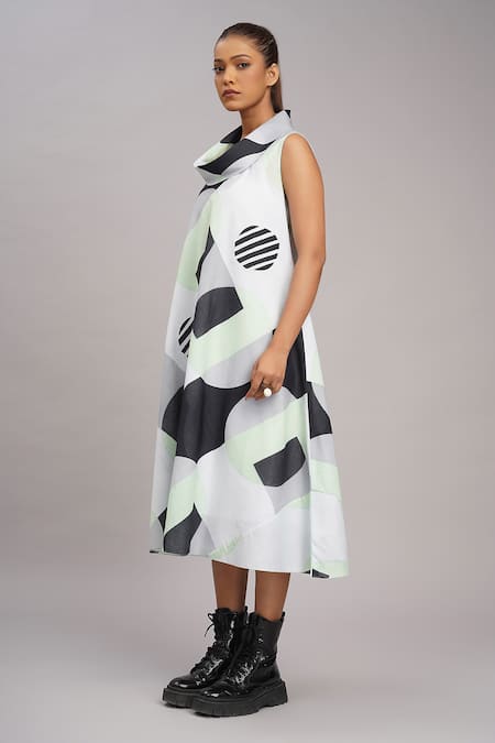 Shop_Taika By Poonam Bhagat_Black Silk Embroidery Cowl Neck Mint Retro Print Dress _Online_at_Aza_Fashions