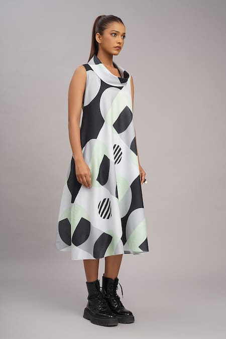 Taika By Poonam Bhagat_Black Silk Embroidery Cowl Neck Mint Retro Print Dress _at_Aza_Fashions