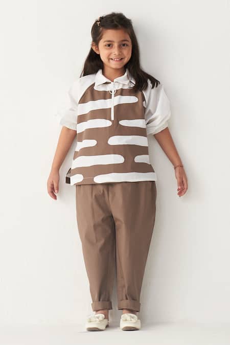 Three_White Poplin Applique Abstract Pant Set _at_Aza_Fashions