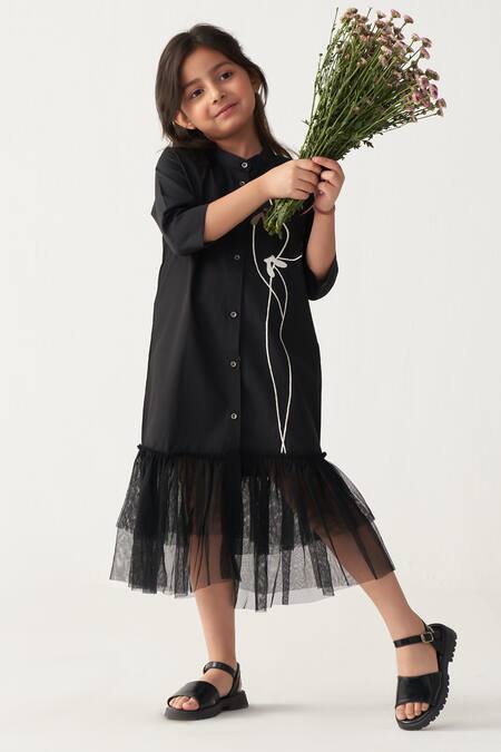 Three_Black Poplin, Net Applique Poppy Dress _Online_at_Aza_Fashions