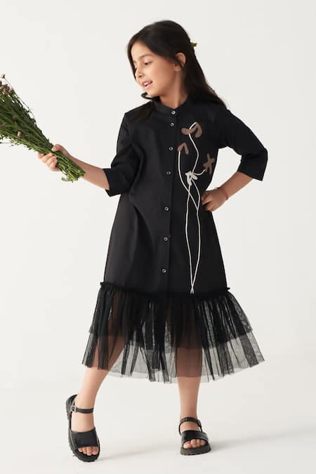 Three Poppy Applique Black Dress 