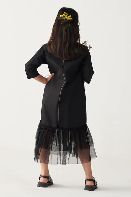 Three Poppy Applique Black Dress 